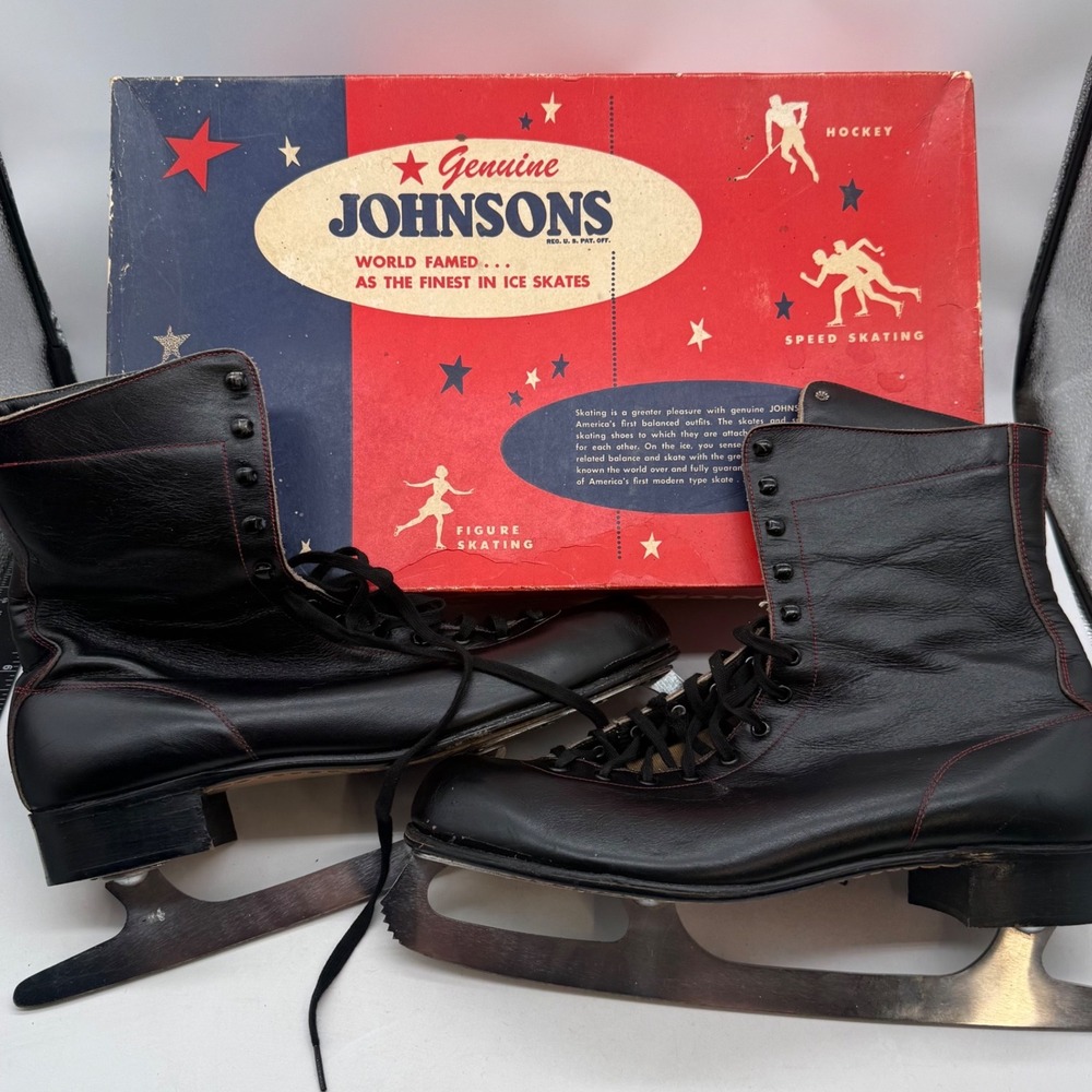 Vintage Genuine‎ Johnsons Ice Skates Black Leather Figure Skating Box MCM rustic